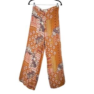 Xhilaration Boho Orange Brown Floral 70's Retro Wide Leg Flowy Pants Size Small